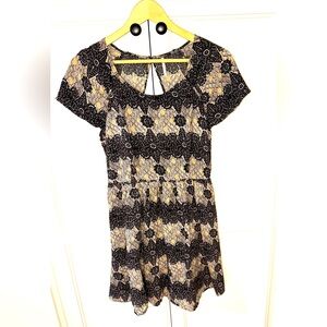 Free People Good Earth Cut-Out Batik Print Dress in Black/Tan